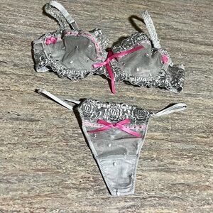 NWOT Jezebel Sexy Sheer Gray Embroidered Lace Lingerie Set with Pink Accents